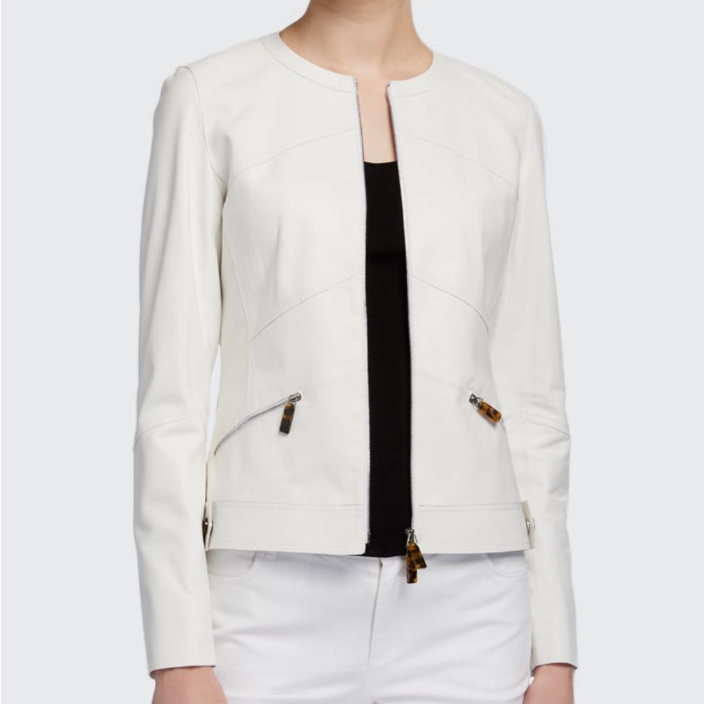 Lafayette 148 New York Adeline Glove Lambskin Zip-Jacket White